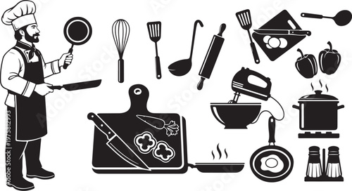Chef with kitchen utensils and cooking tools illustration set