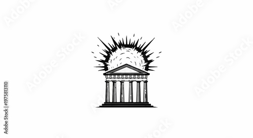 Ancient building facade illuminated by a stylized, explosive sunburst