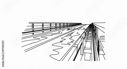 An abstract, linear illustration of a bridge's perspective, showing railings and a path
