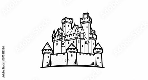 A black and white drawing of a majestic, multi-turreted castle on a white background