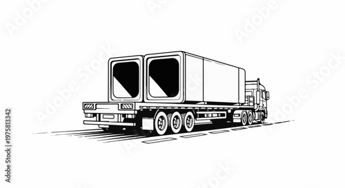 A black and white line drawing of a large transport truck carrying two large containers