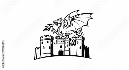 A black and white illustration of a dragon breathing fire atop a castle