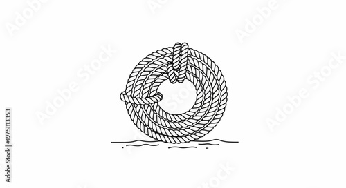 A coiled, thick rope, tied with a knot, resting on a simple drawn line