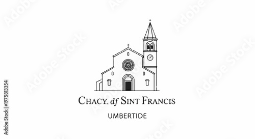 Elegant line drawing of a church with a bell tower and clock face
