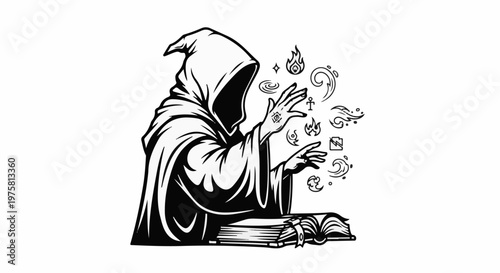 Hooded figure conjures magical symbols and elements from open book