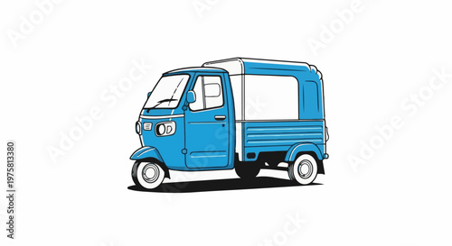 A blue three-wheeled vehicle with a cargo bed and enclosed cabin