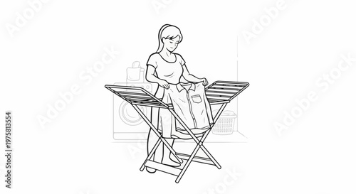 Woman hangs clothes on a drying rack beside a washing machine and basket