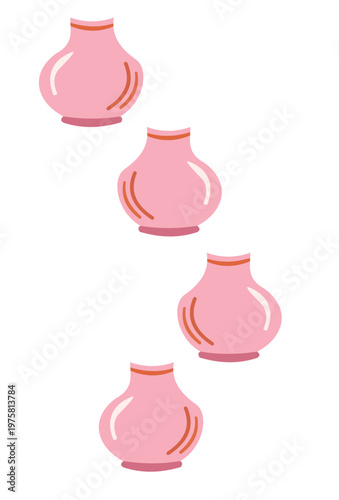 Set of four cute pink ceramic vases with red rims and highlights