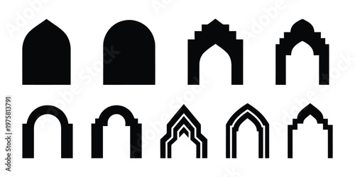 Arch shapes silhouette set, doorway window frames, Islamic and Gothic style arches, black vector