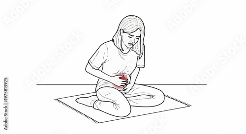 Woman sitting cross-legged with hands on abdomen in pain