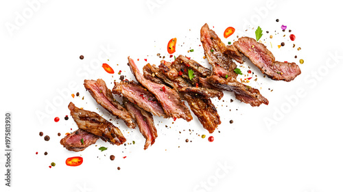 Thinly sliced medium-rare beef steak with chili