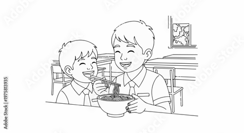 Two smiling young boys enjoy a bowl of noodles together with chopsticks