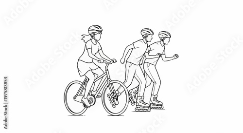 Three people engaged in outdoor athletic activities, cycling and inline skating