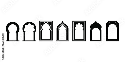 Mosque arch window and doorway silhouettes set, Islamic architecture icons, black vector