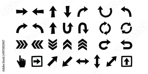 Arrow icons set, navigation pointers, refresh, undo, redo, download, upload, black vector