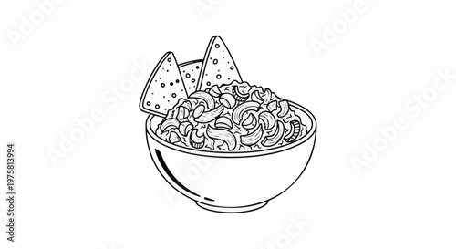 A black and white drawing of a bowl overflowing with macaroni and two tortilla chips