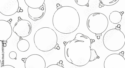 A scattered pattern of various sized Christmas ornaments on a white background