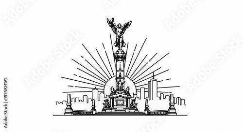 Angelic monument crowns cityscape with radiating sunburst lines