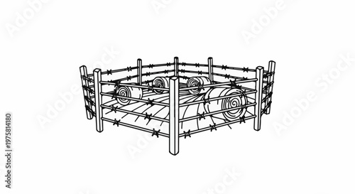 Barbed wire enclosure containing rolled bales of hay or straw