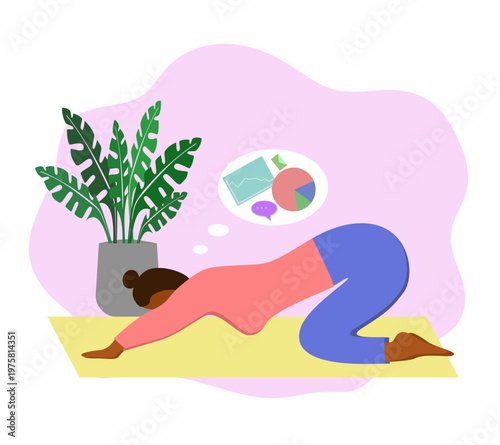 A black girl is doing yoga and thinking about work. Ardha Kurmasana Pose (Half Turtle Pose)