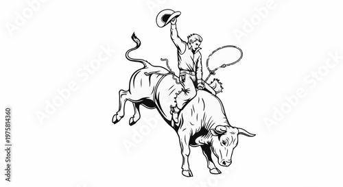 Cowboy on bucking bull, holding hat and lasso
