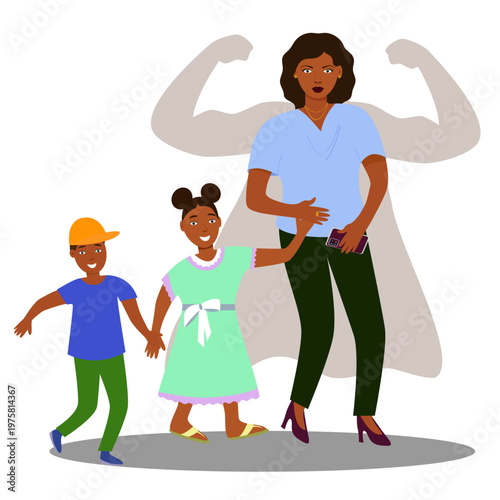 A black businesswoman walks with two children. The concept of a strong and independent woman