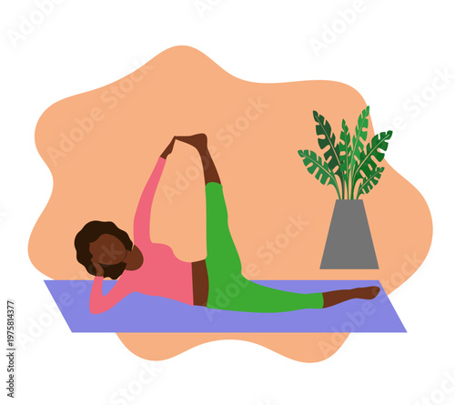 A black girl practices yoga in the Anantasana pose