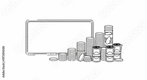 Empty frame next to a rising stack of coins and coin-like objects