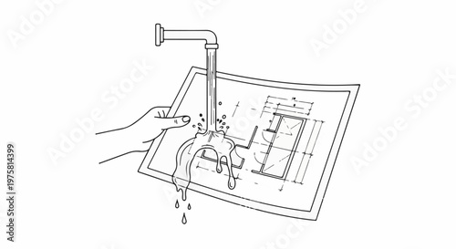 Hand holding architectural blueprint as water cascades over it