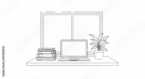 A desk with a laptop, books, and a plant in front of a window