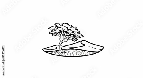 Stylized tree grows on rolling land with textured ground below