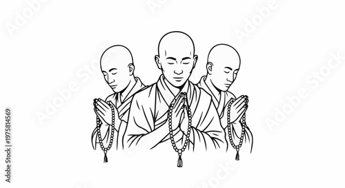 Three bald monks in traditional robes holding prayer beads and praying