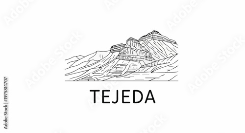 Stylized line art of rugged mountainous terrain with text below