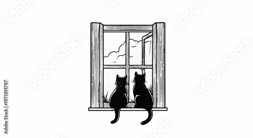 Two cats sit on a windowsill, looking out a window at the sky