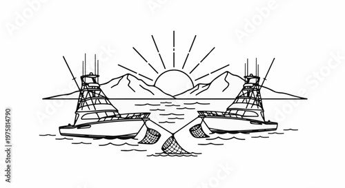 Two boats fishing at sunrise with a sunburst over mountains