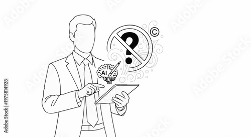 Man in suit with tablet creates AI art, questioned copyright