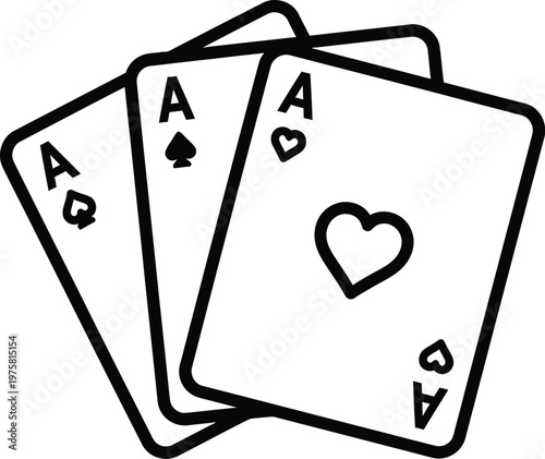 Three playing cards two aces and one heart black and white illustration