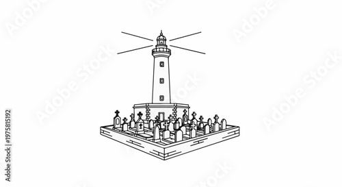 A stark black and white illustration depicts a lighthouse above a cemetery