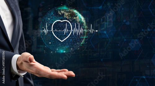 Obraz na plátne HealthTech investment and digital medical care, businessman holding glowing hear