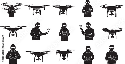 Silhouettes of people operating drones in various positions and actions