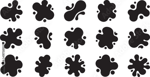 Black ink splatter shapes on white background pattern design