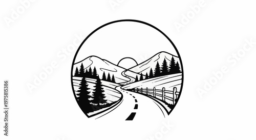 A winding road leads through a mountainous landscape with trees and a fence