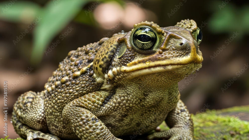 Fototapeta premium Portrait of a Cane Toad displaying it's textured skin and reflective eyes in natural habitat