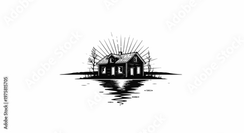 Stylized black and white illustration of a house by water with radiating lines
