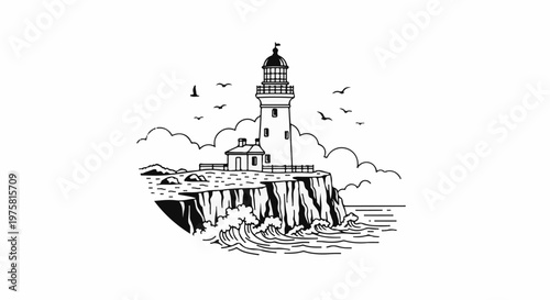 A lighthouse stands tall on a cliff overlooking a stormy sea with birds flying overhead