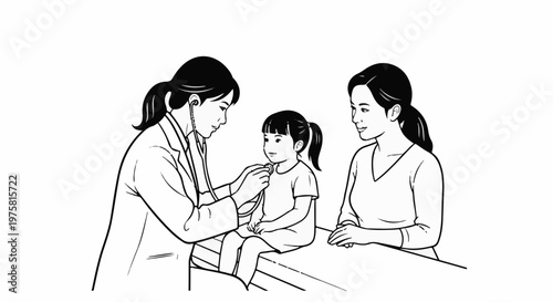 A doctor examines a young girl with a stethoscope while her mother watches