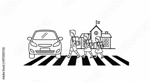 Children with backpacks cross a street in front of a school building