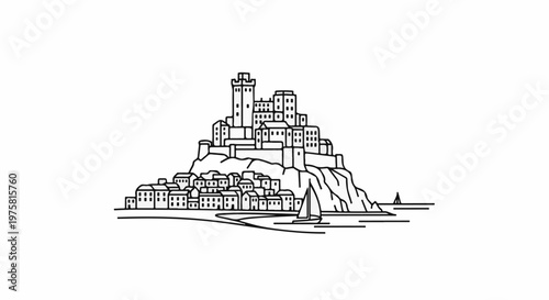 A village with a castle sits on a rocky incline by the sea