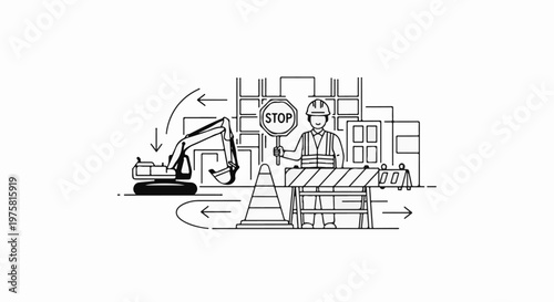 Construction worker directs traffic near excavator and barricades