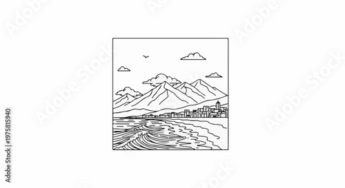 Coastal town nestled against majestic mountains with dynamic ocean waves